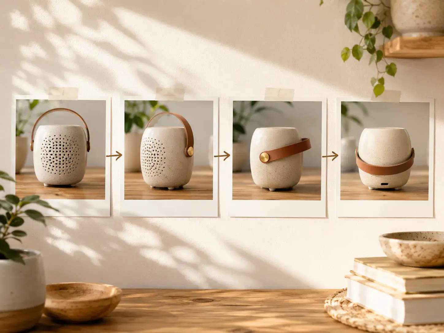 A sunlit wall with a sequence of blank photographic frames connected by subtle motion marks