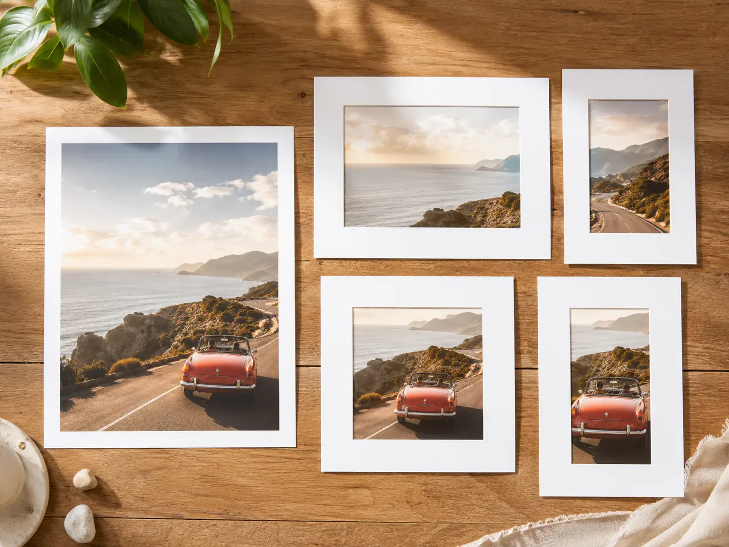 A finished video scene represented as a bright editorial contact print beside four clean physical crop mats in landscape