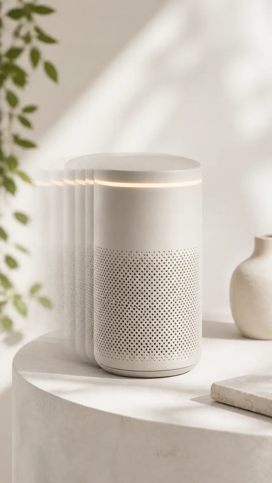Vertical video still of a ceramic speaker revealed on a bright studio plinth