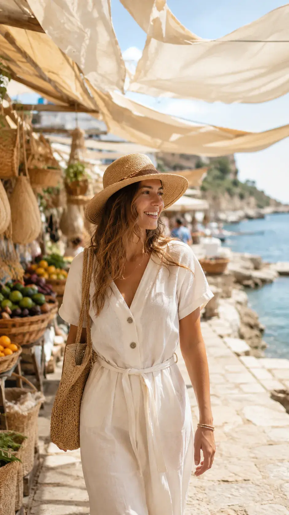 Vertical video still of a traveler crossing a sunlit coastal market