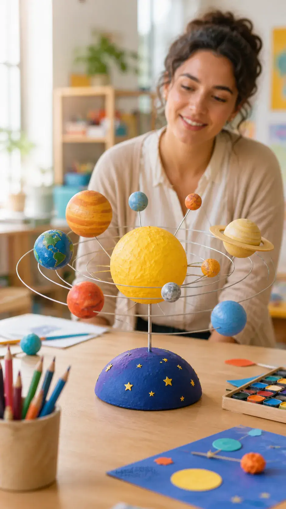 Vertical video still of a paper solar system model in a bright classroom explainer