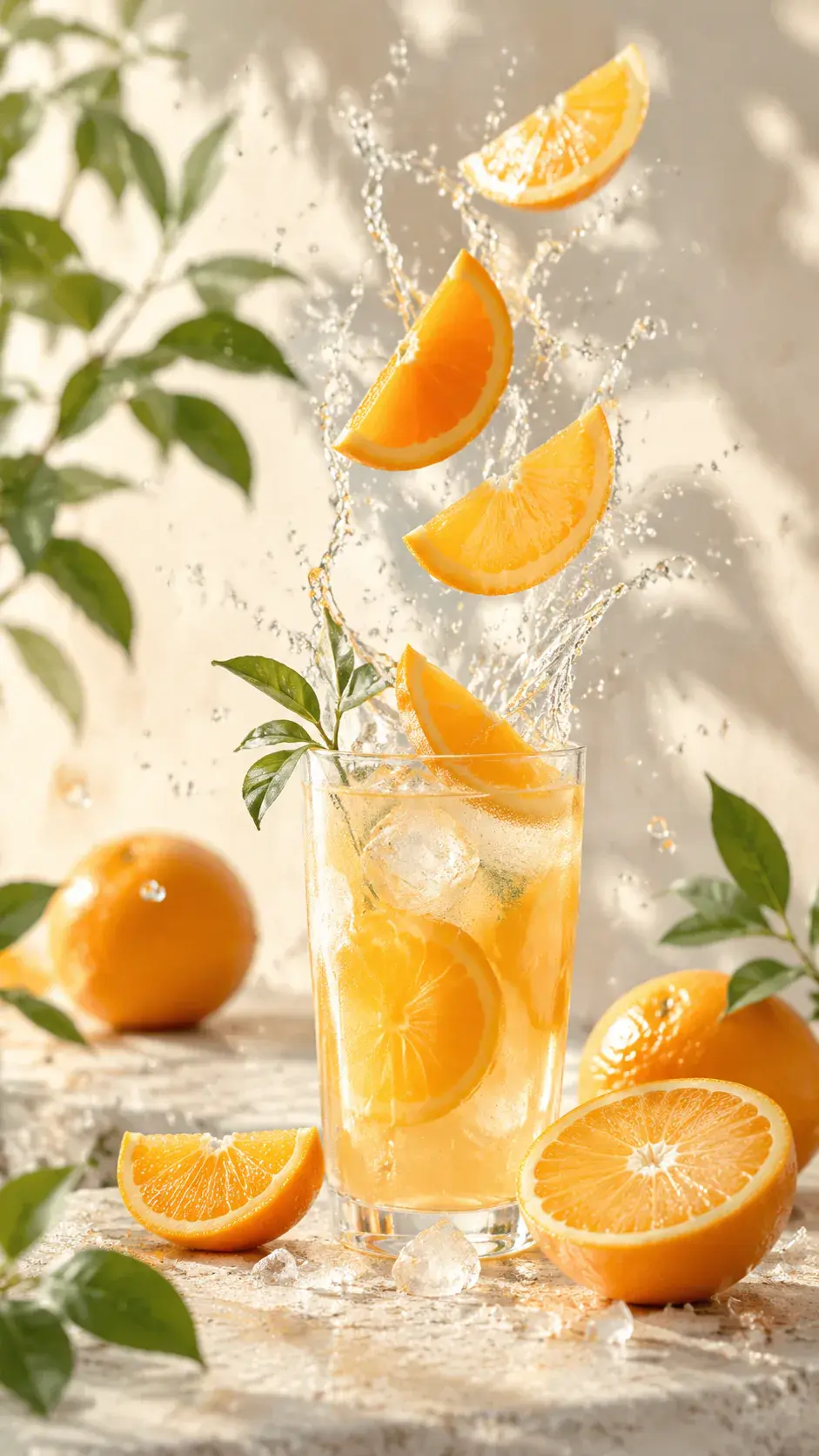 Vertical video still of a citrus drink campaign with fruit in motion