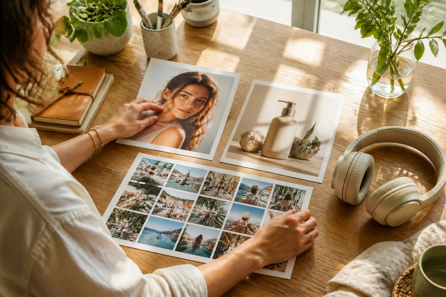 A creator at a sunlit worktable arranging a portrait