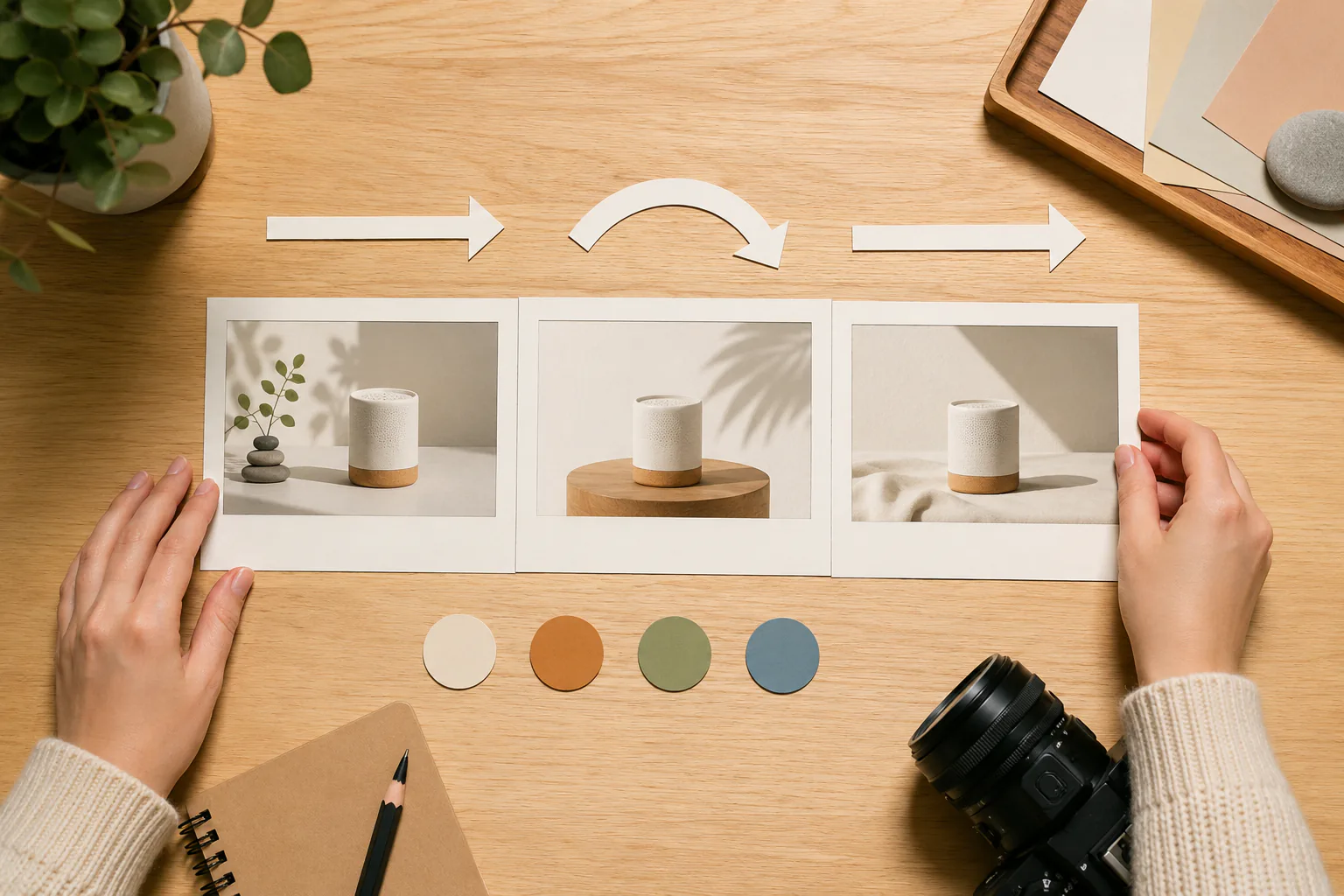 The same creator organizing three blank storyboard frames beside camera-direction arrows and colored reference tokens