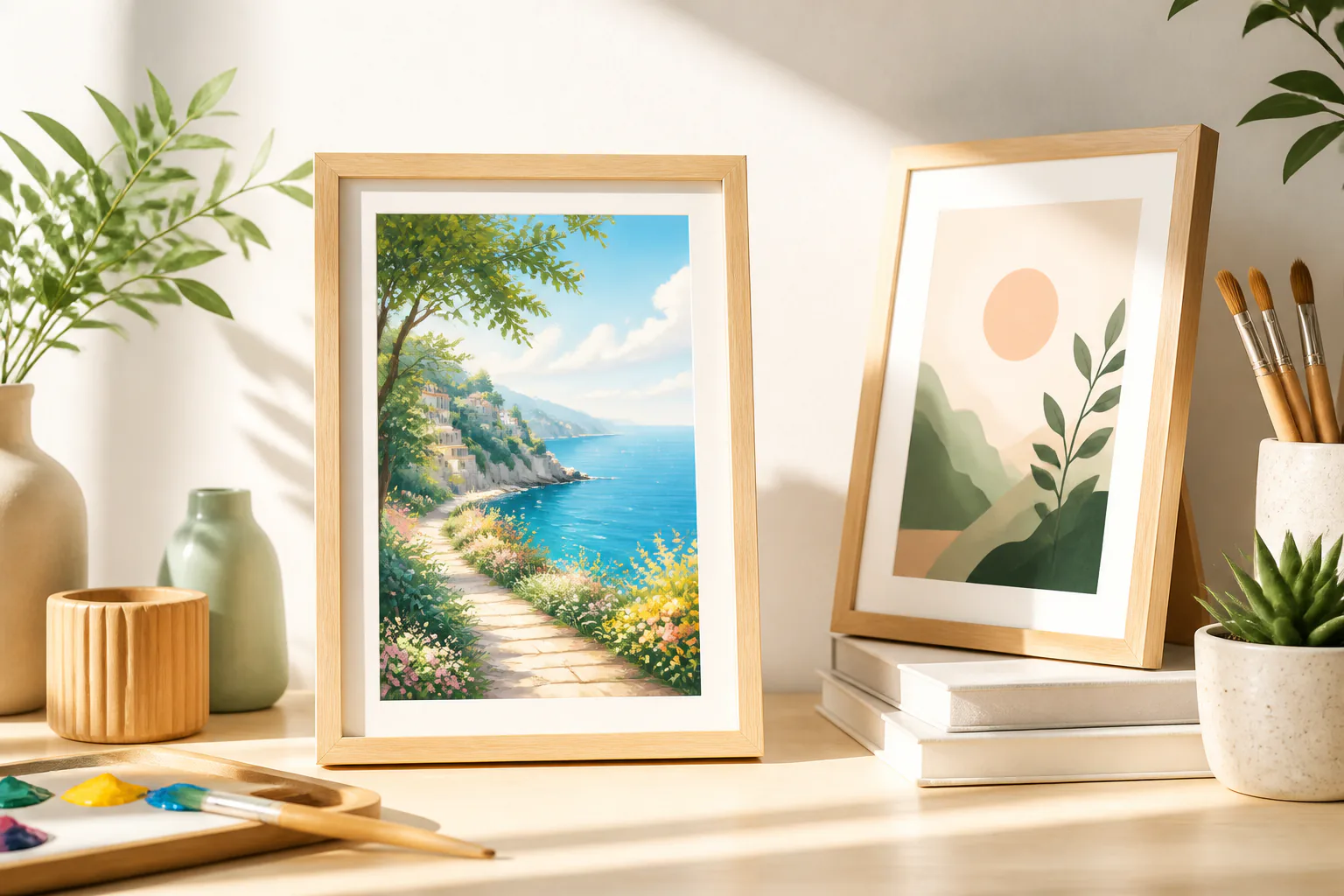 The same bright studio showing a finished vertical product-film frame on a clean unbranded display