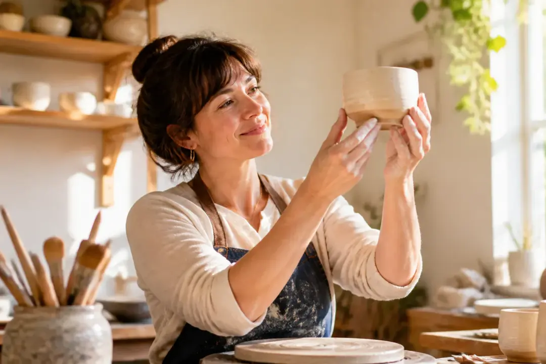 A finished vertical social-video moment showing an adult ceramic artist lifting a newly made cup in a bright studio