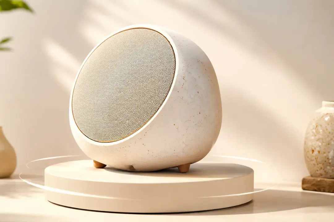A finished product-reveal frame with a ceramic speaker on a pale rotating plinth