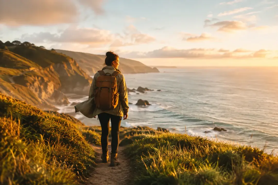A finished travel-story frame of an adult traveler reaching a coastal overlook at golden hour