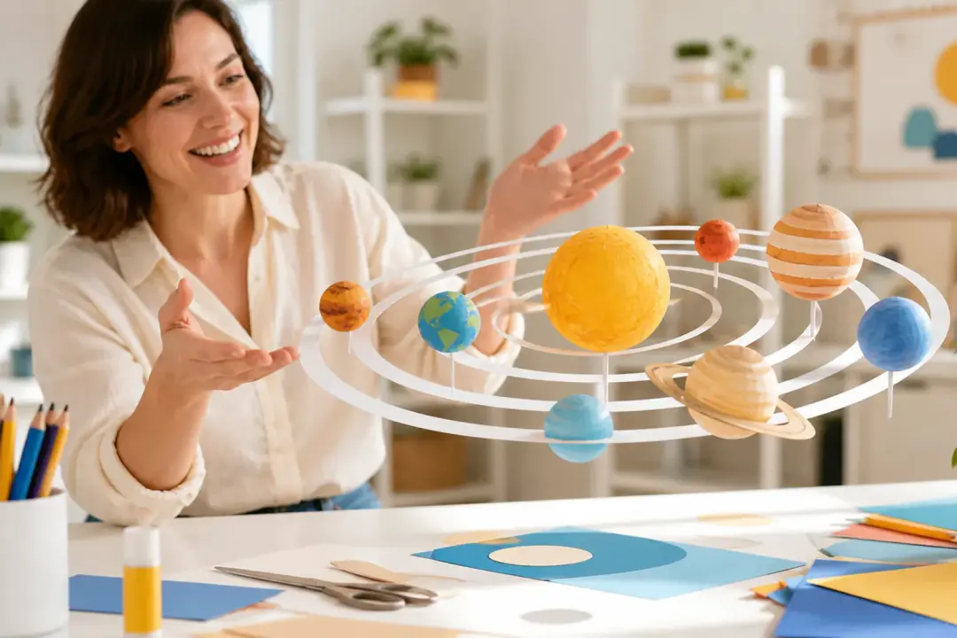 A finished explainer frame of a paper solar system rotating above a bright worktable while an adult presenter gestures naturally in the background.