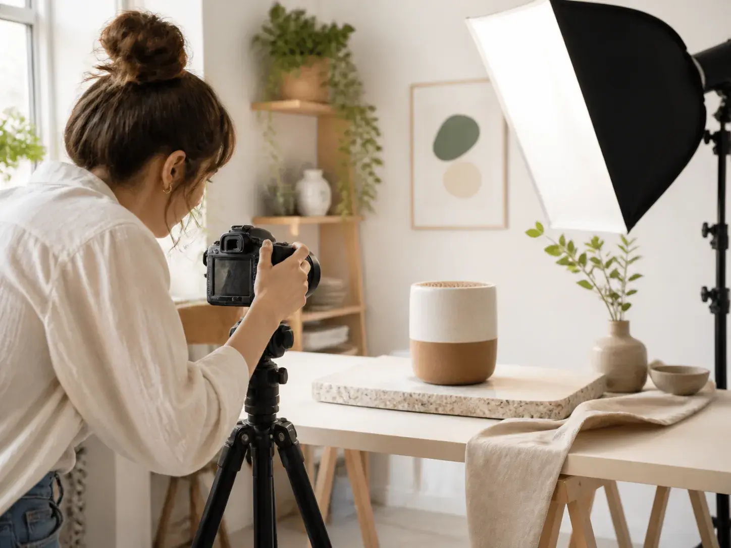 An independent adult creator directing a small tabletop product shoot in a bright home studio