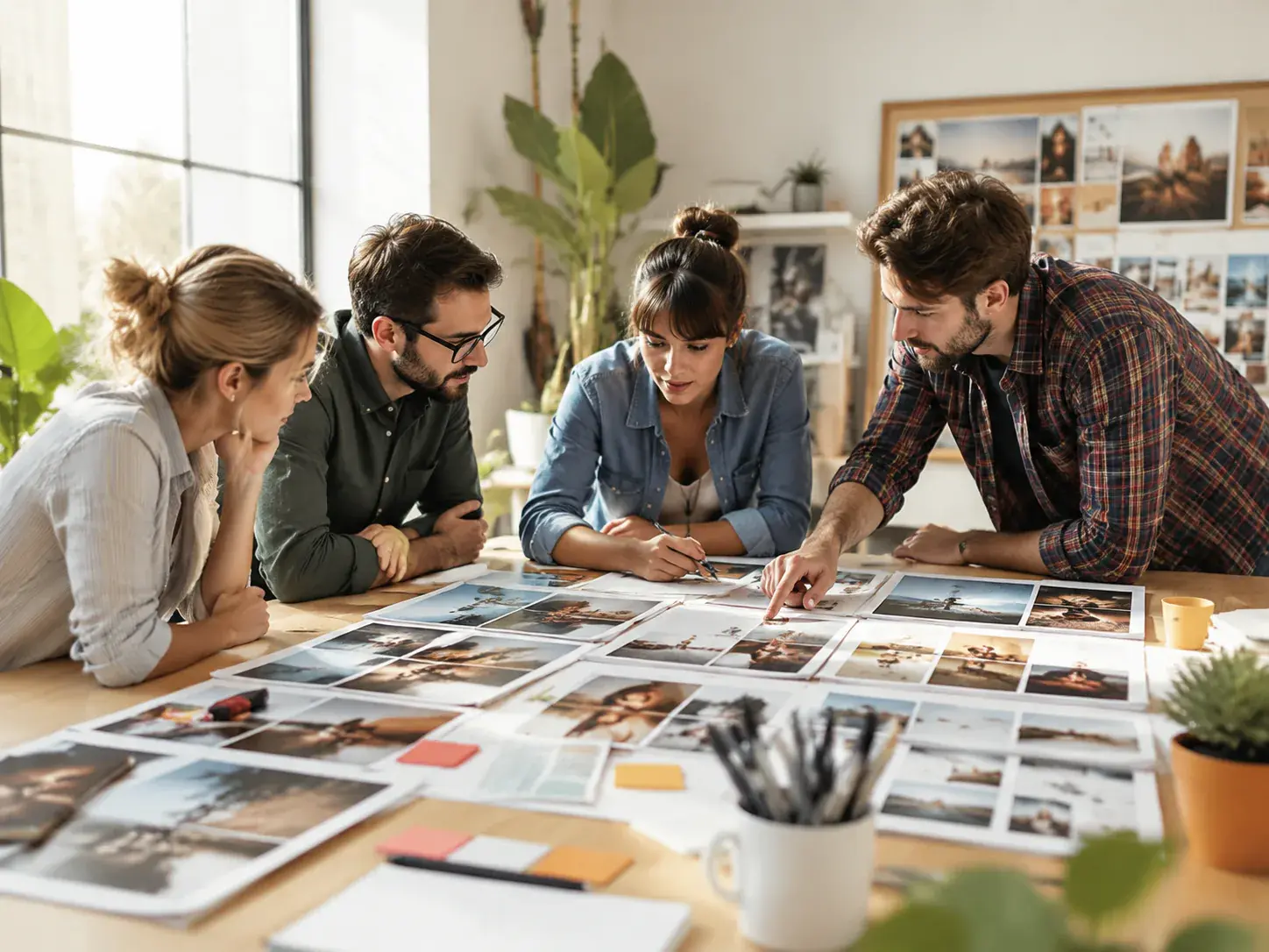A small adult marketing team reviewing printed campaign frames around a daylight studio table