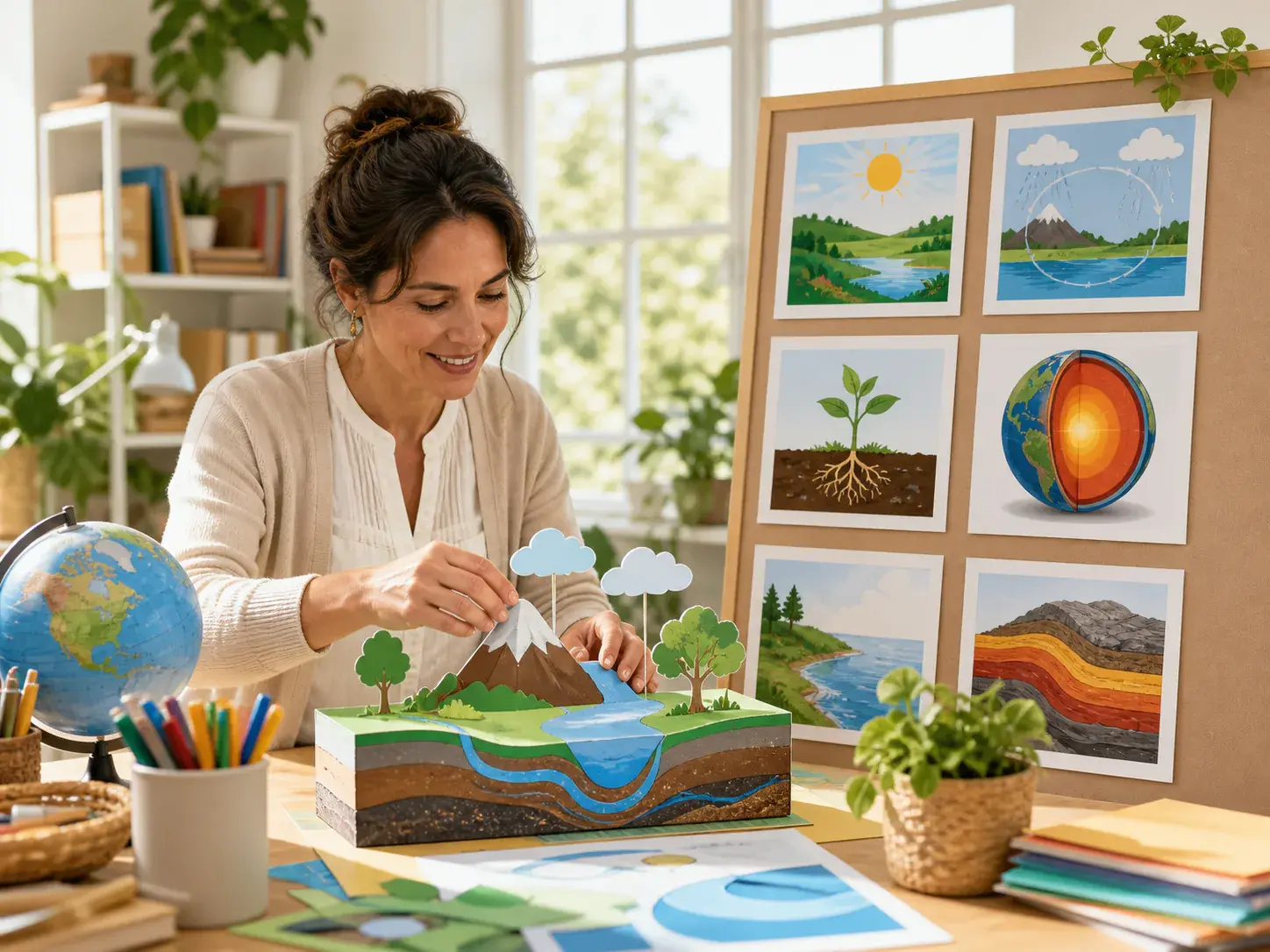 An adult educator building a paper science model and arranging visual lesson frames in a sunlit classroom workshop.