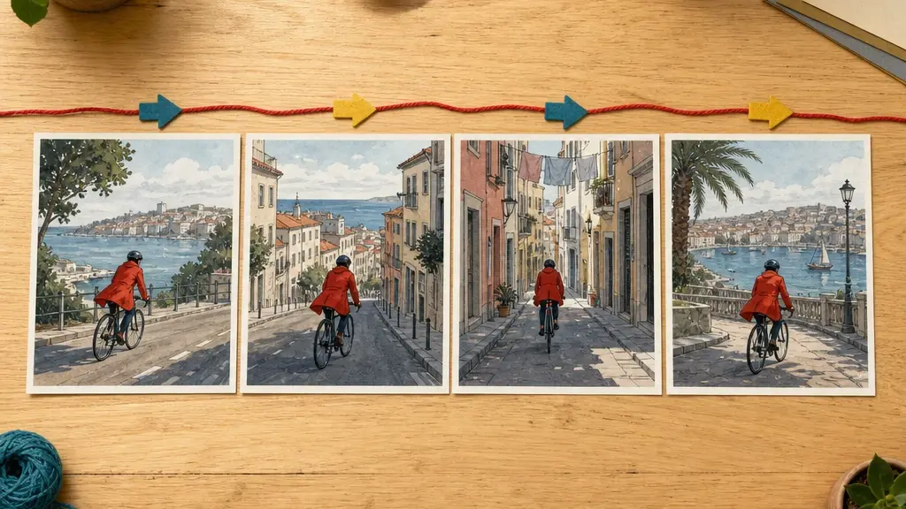 Storyboard segments with timed scene notes action arrows and reference thumbnails