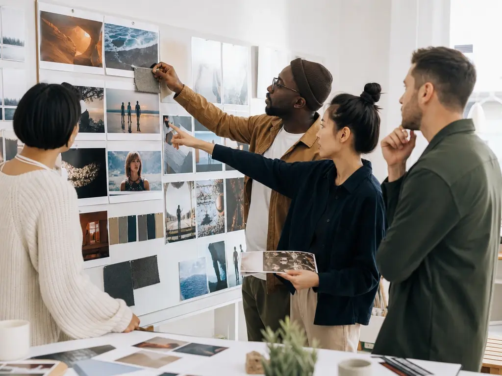 Marketing team reviewing campaign video variants with prompt notes and audio references