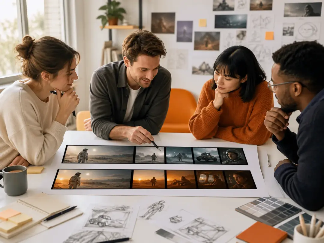Team comparing a generated source video and its continued result in a workspace