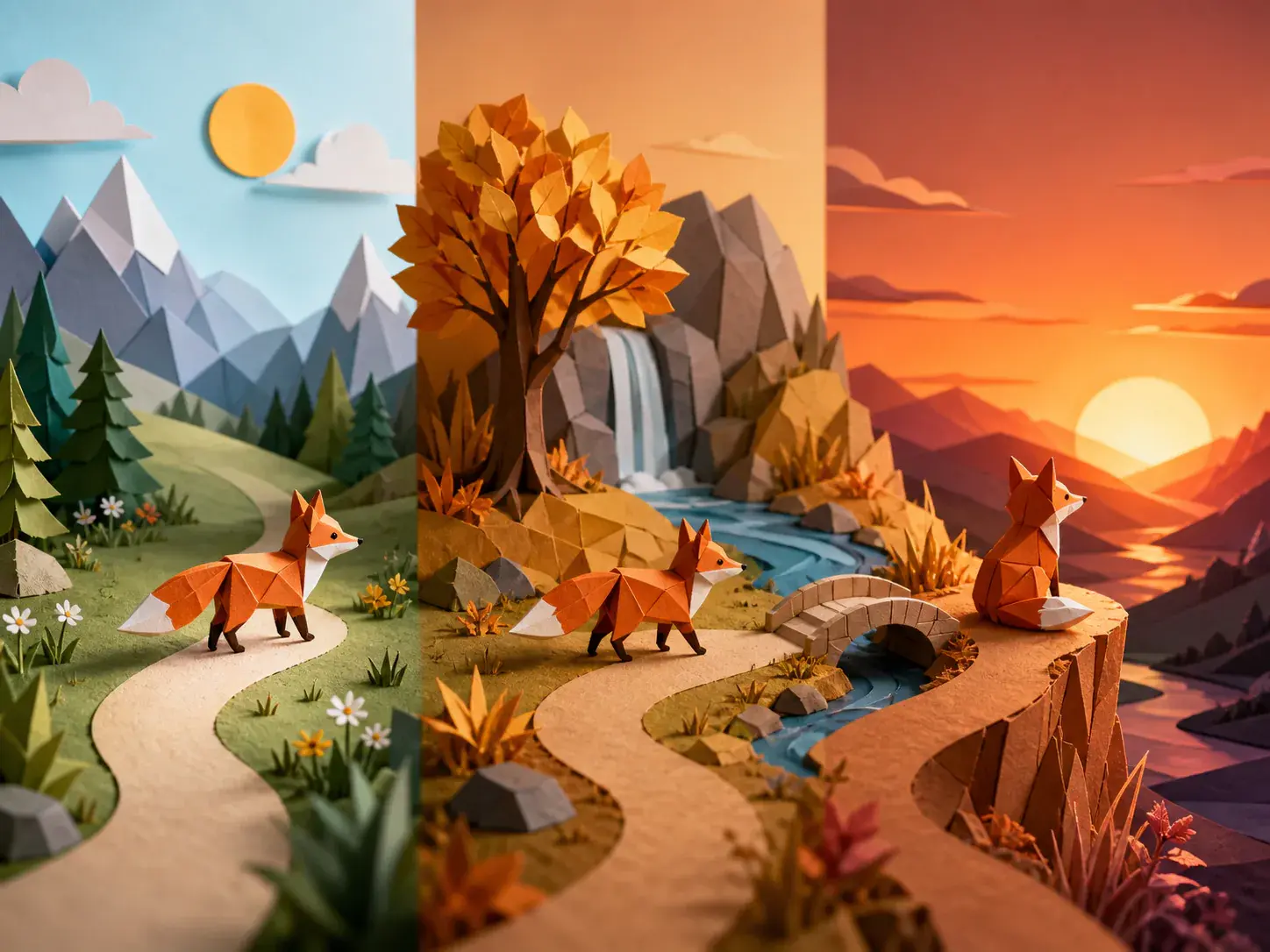 Paper fox moving through three connected landscape scenes with changing light