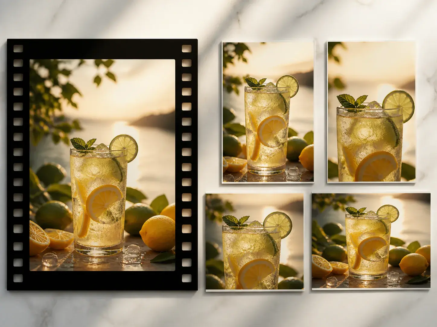 Finished citrus drink scene shown across several video frame formats
