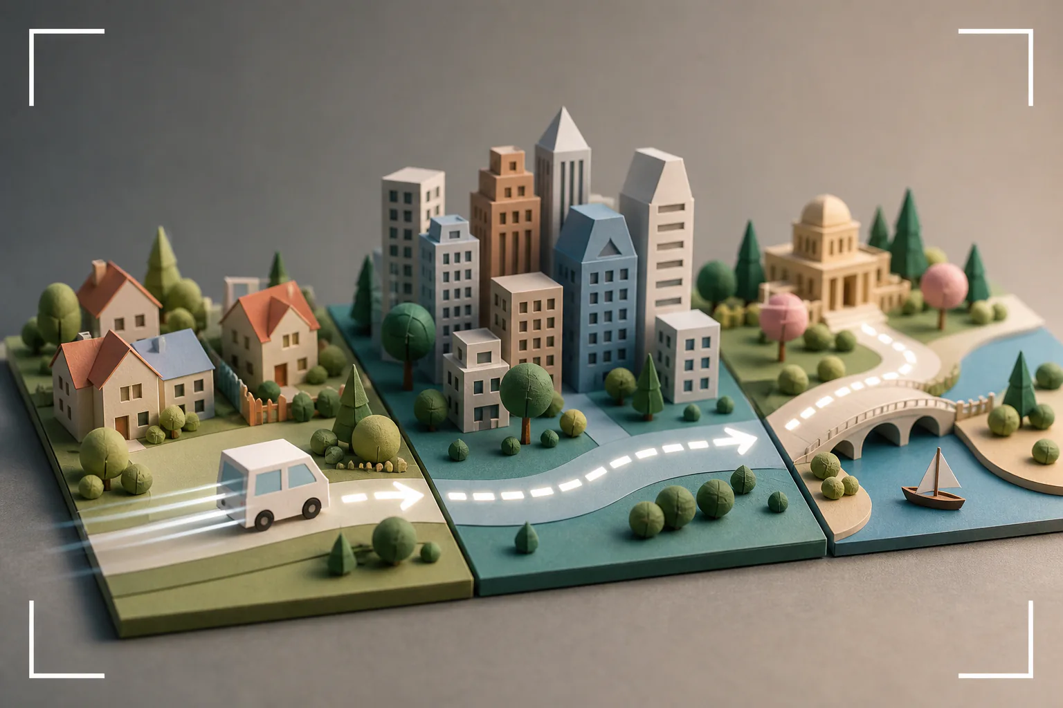 Miniature city staged as three connected scenes along a planned route