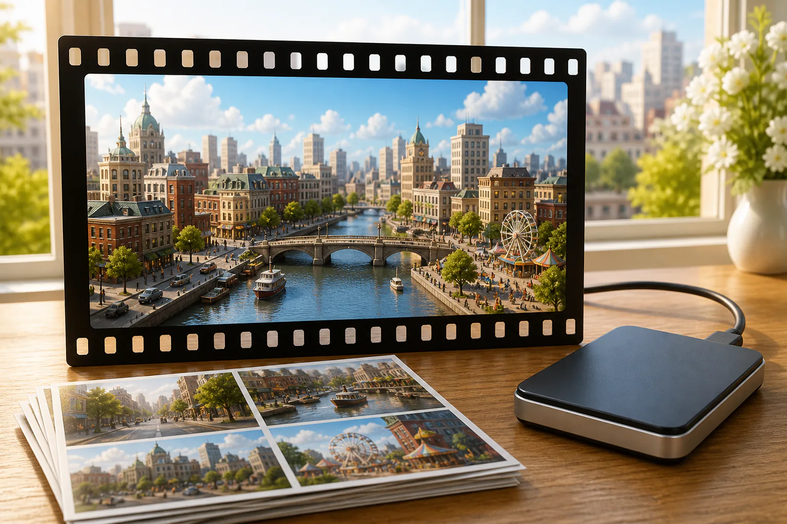 Finished city film frame beside scene stills and a portable drive
