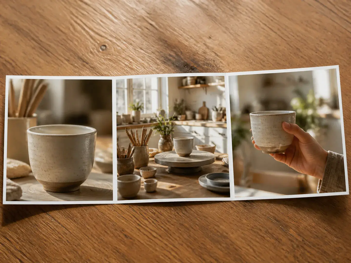 Three connected story moments following a ceramic artist from clay to finished cup