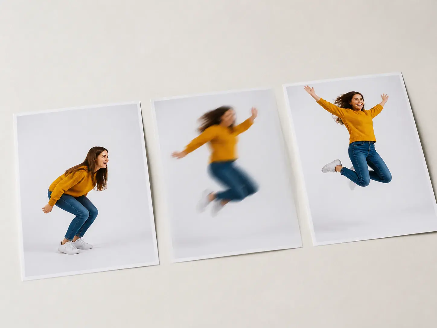 Dancer moving naturally between two matched daylight poses in one continuous scene