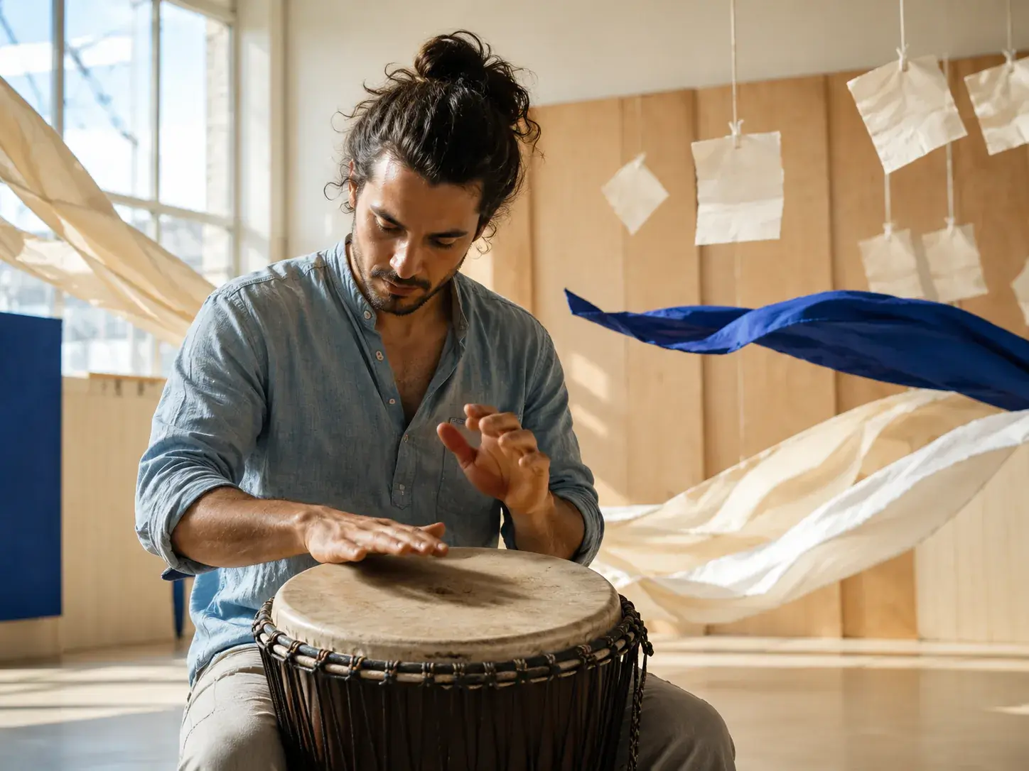 Percussionist performing in a bright studio as visual motion follows the beat