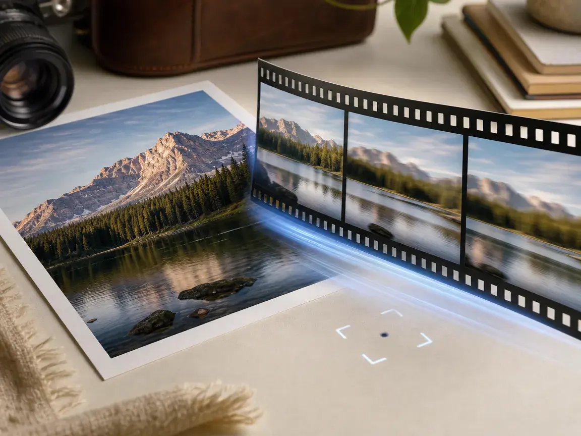 Creator directing motion from a bright product photo into a polished video scene