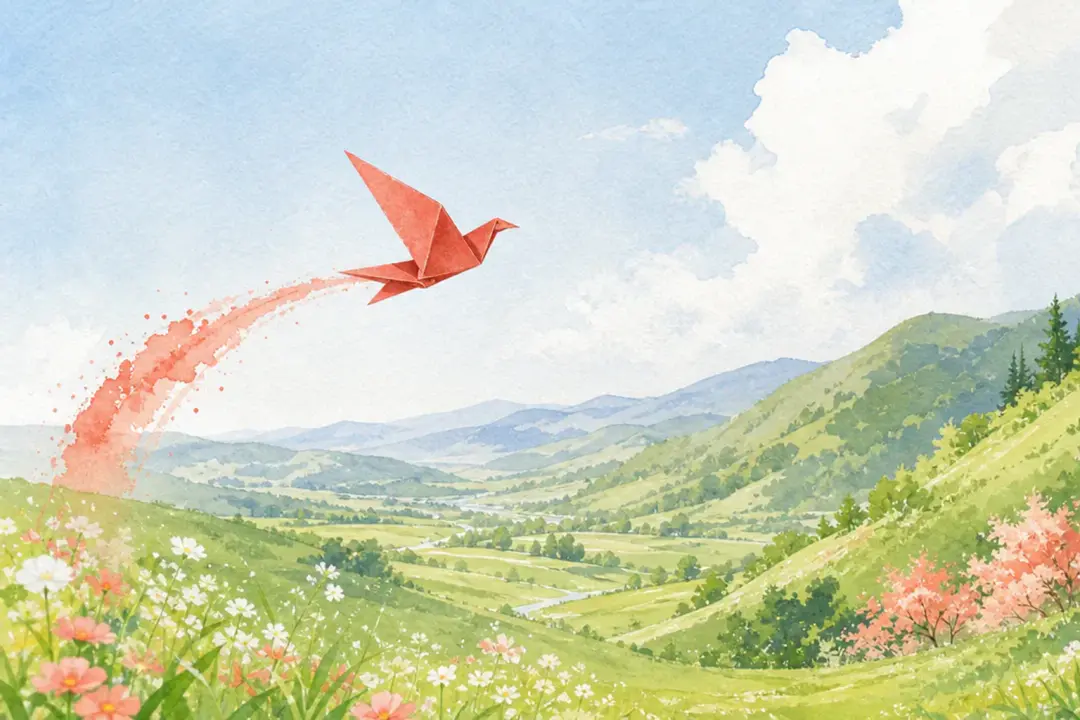Finished illustrated scene with a paper bird sweeping through a painted landscape