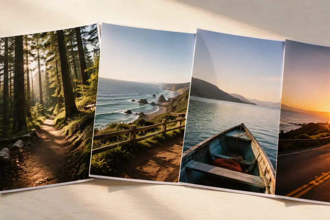 Connected travel story frame following one traveler through a bright coastal landscape