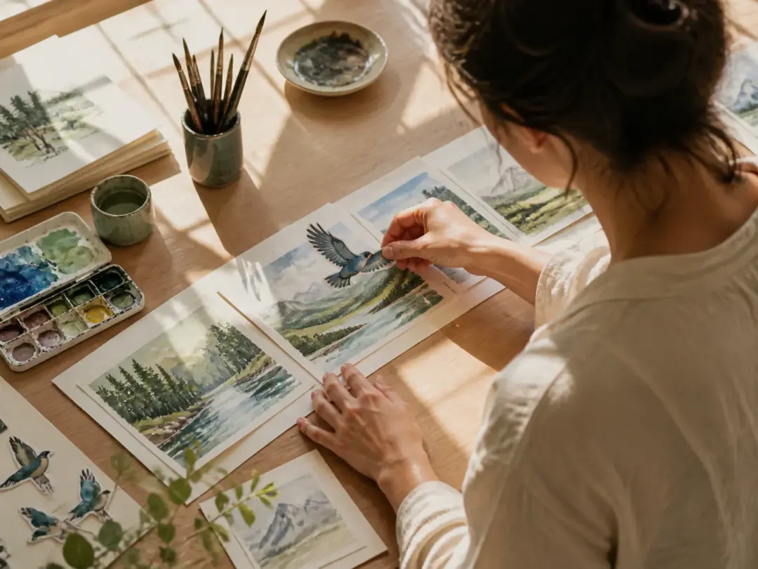 Illustrator planning character movement from painted reference frames at a worktable