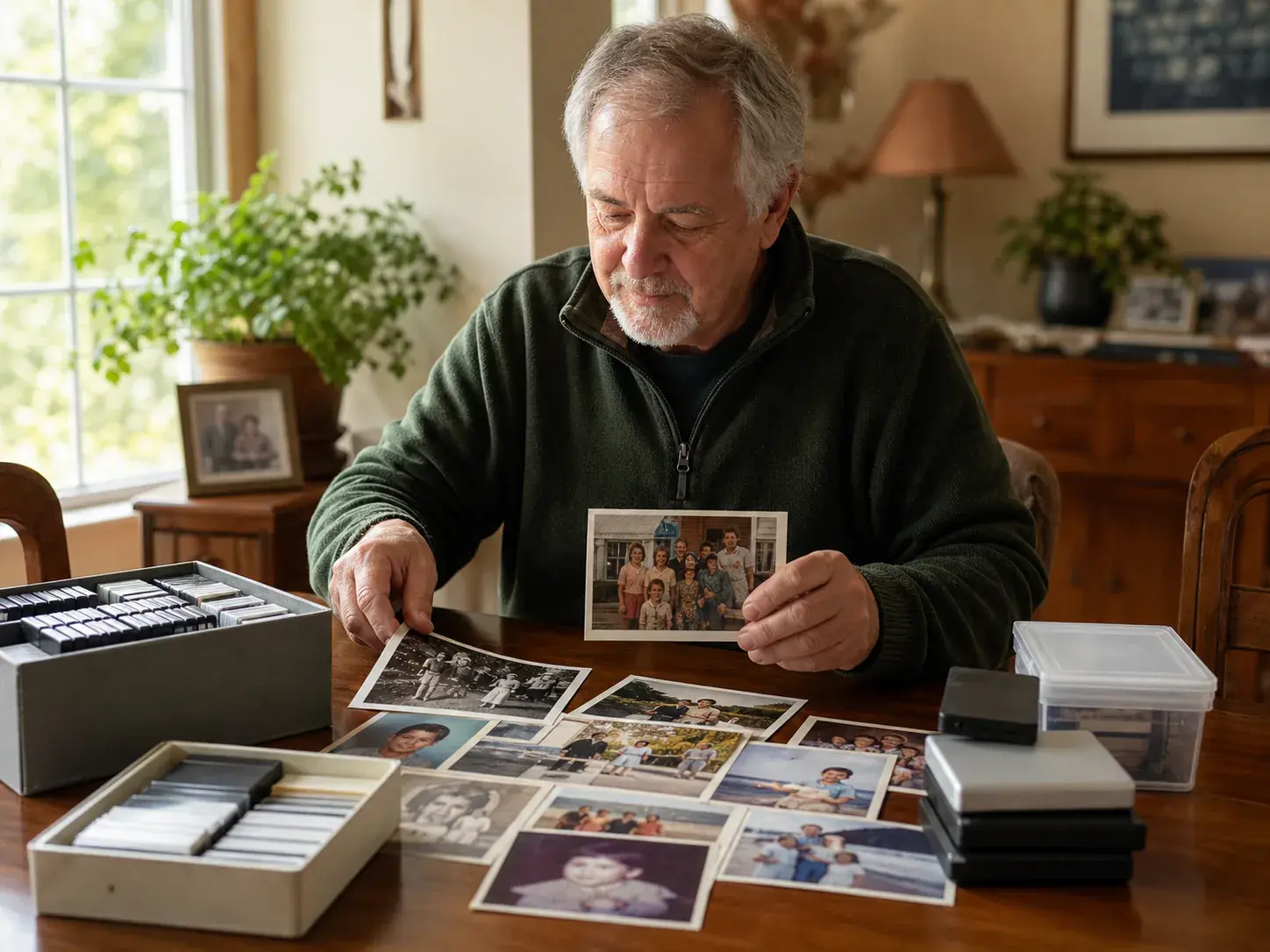 Family video organizer viewing a cleaner digital memory on a large screen