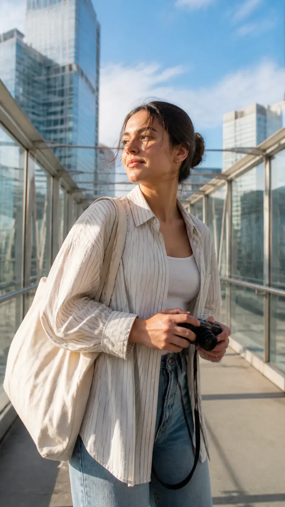 Vertical video still of a creator crossing a bright city footbridge during a personal day in the life vlog