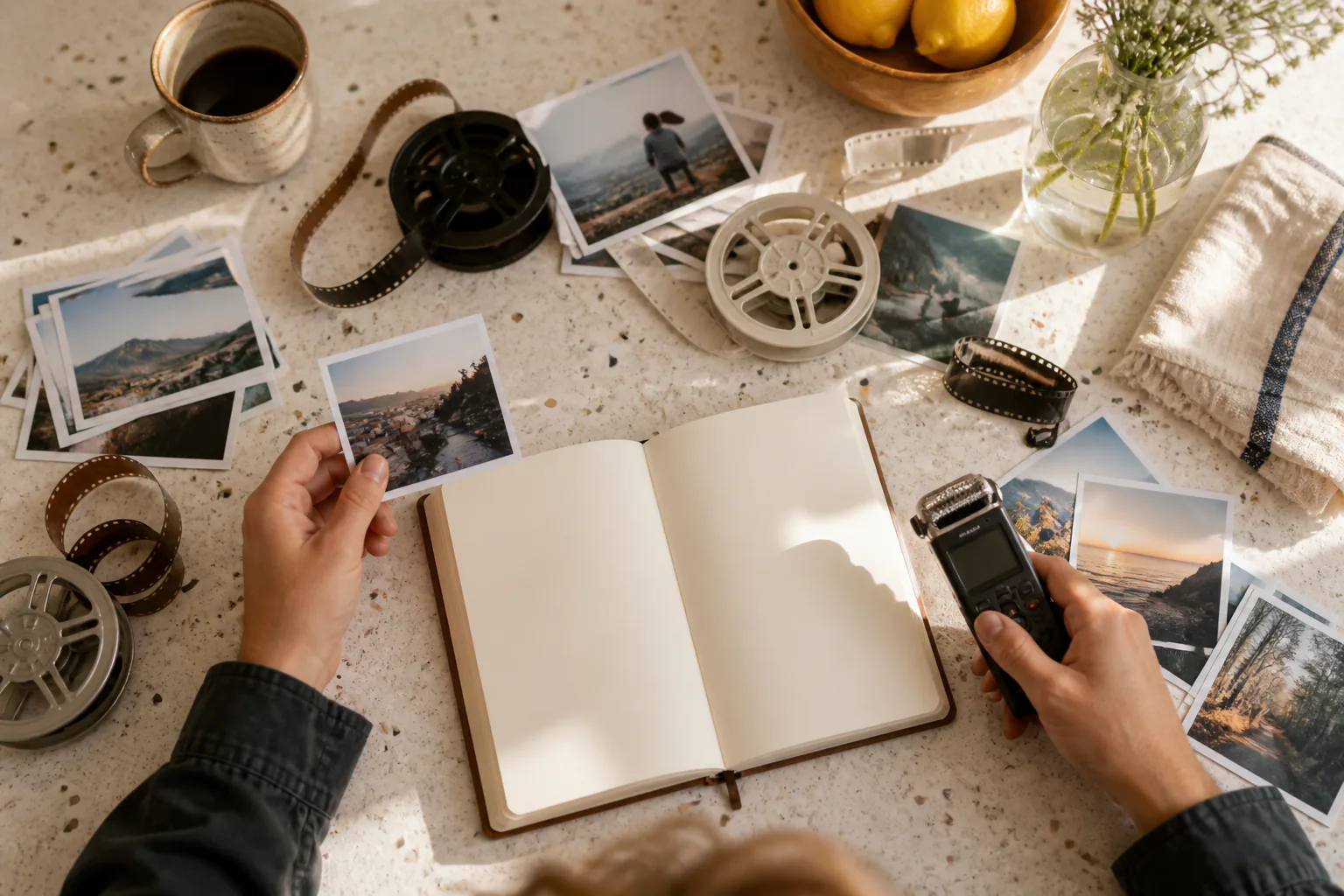 Workspace with a vlog theme, phone photos, clips, audio, and @ reference assignments