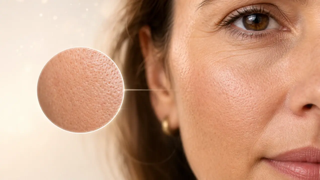 Close up of cheek showing pores and natural skin texture kept after wrinkle softening