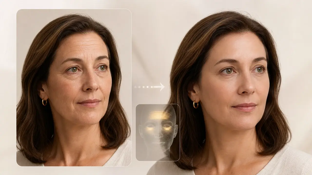 Text prompt describing forehead and under eye wrinkles to soften on a portrait photo