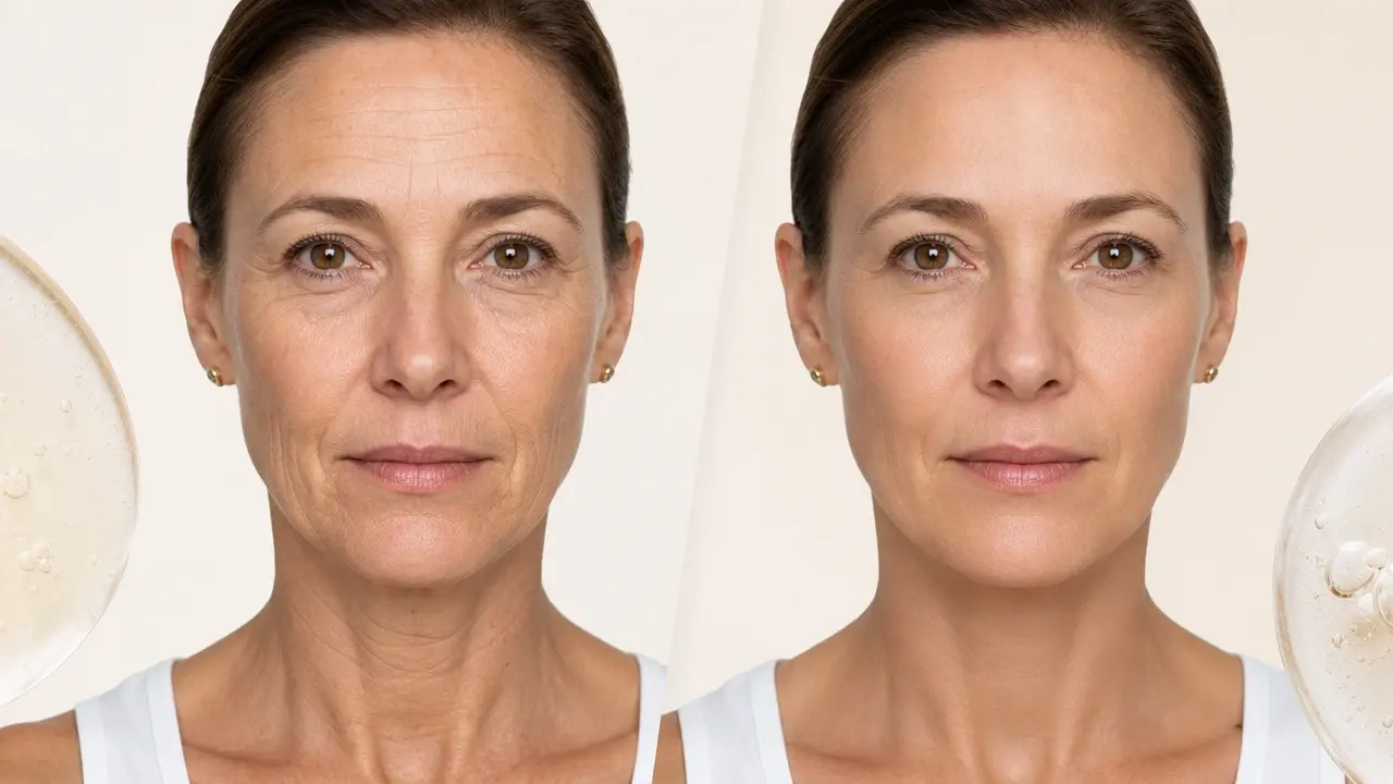 Portrait before and after softening forehead creases and under eye lines while pores stay visible