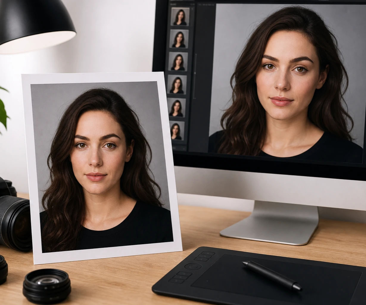 Add a JPG, PNG, or WebP portrait. The photo is saved in your workspace, so you can come back and keep editing it later instead of starting over each time.