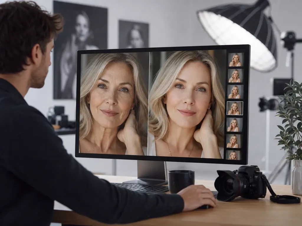 Photographer previewing a client portrait with softened wrinkles at 4K before delivery