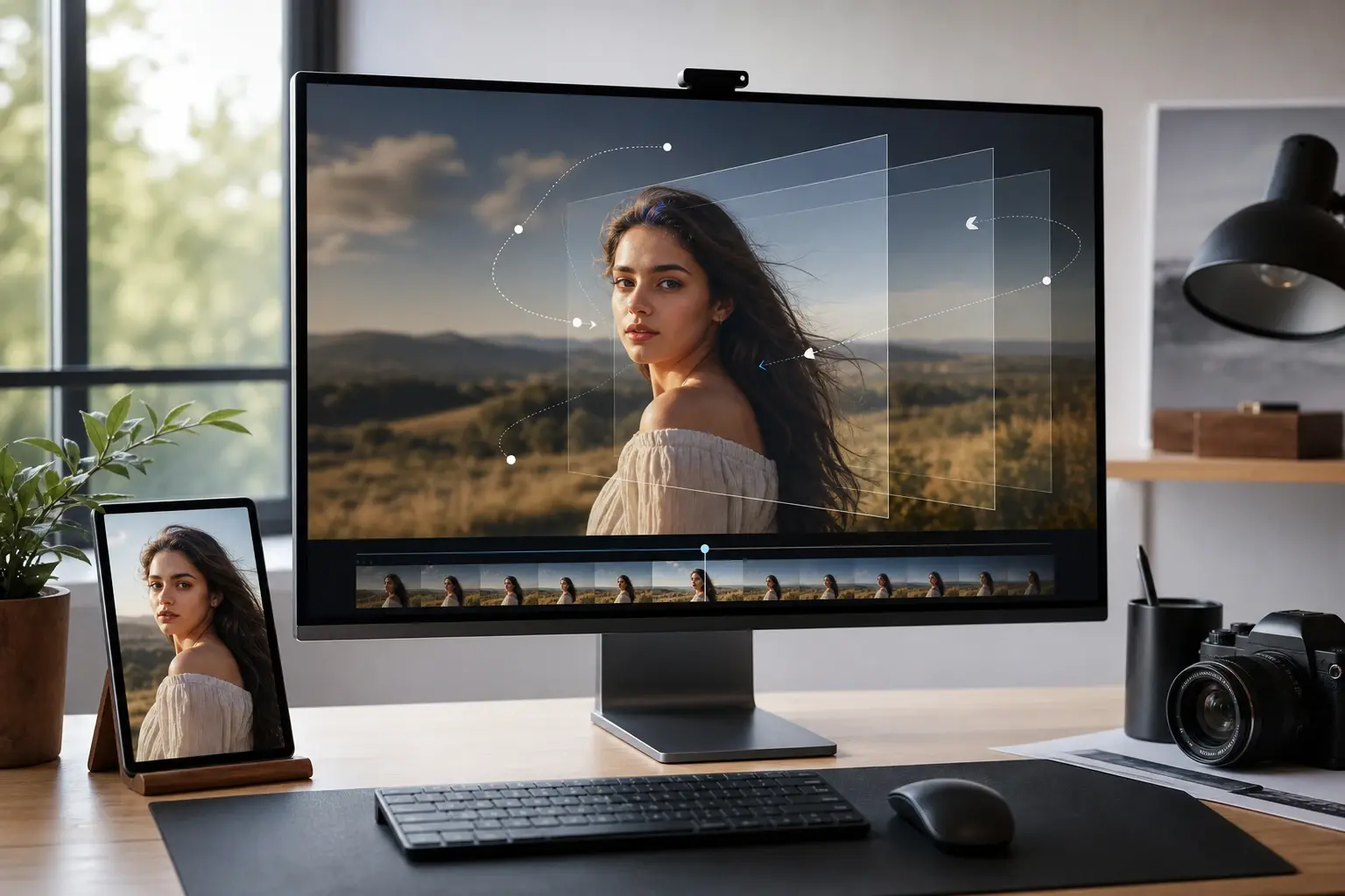 Still portrait photo converted to animate photos output with soft camera motion in VideoAI editor