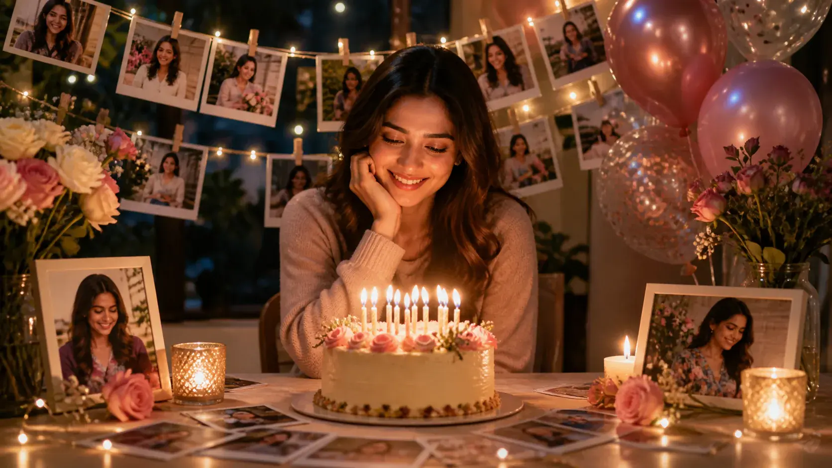 Birthday portrait, cake, candles, and favorite photos arranged around the recipient