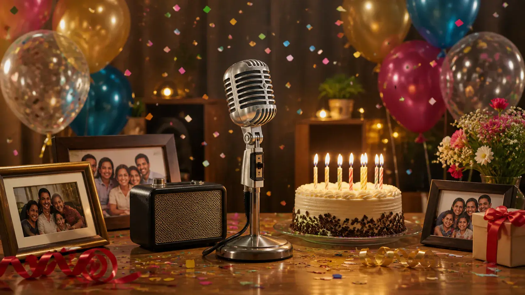 Birthday media inputs with portrait photos, audio waveform, clip, and BGM notes