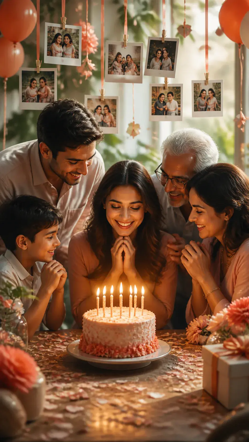 Vertical family birthday greeting with candlelight and favorite photo moments