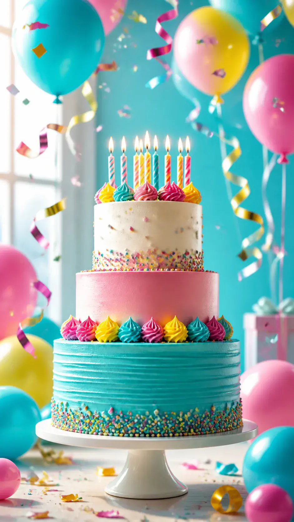 Vertical birthday party opener with cake balloons and colorful confetti