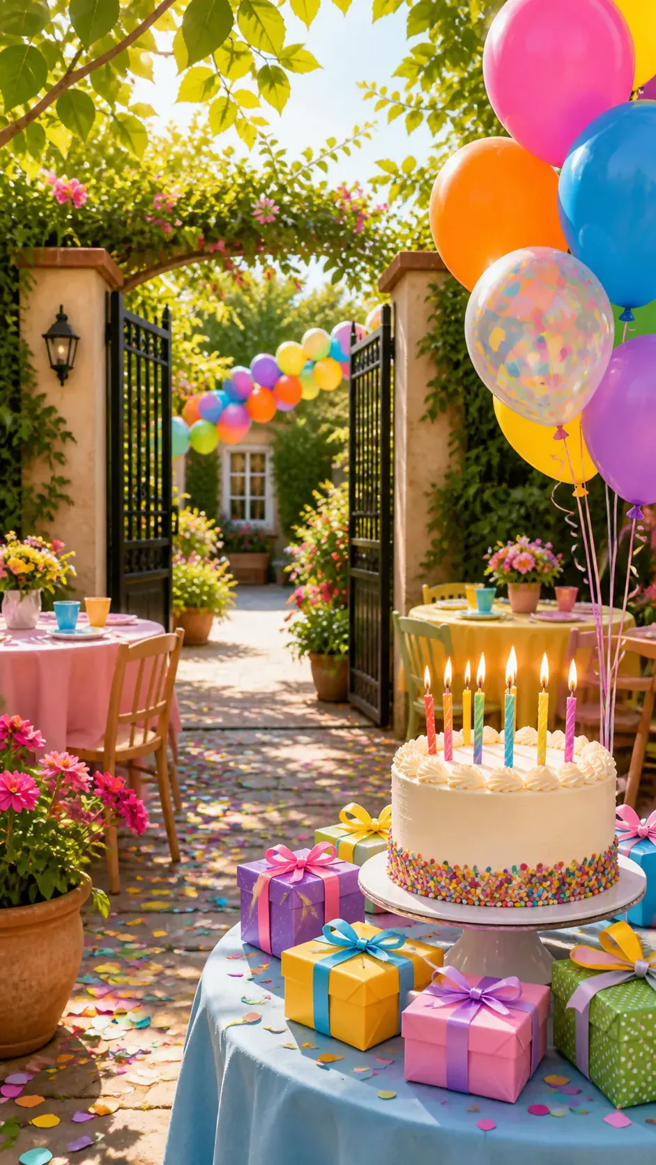 Vertical birthday invitation scene with elegant table setting and warm lights