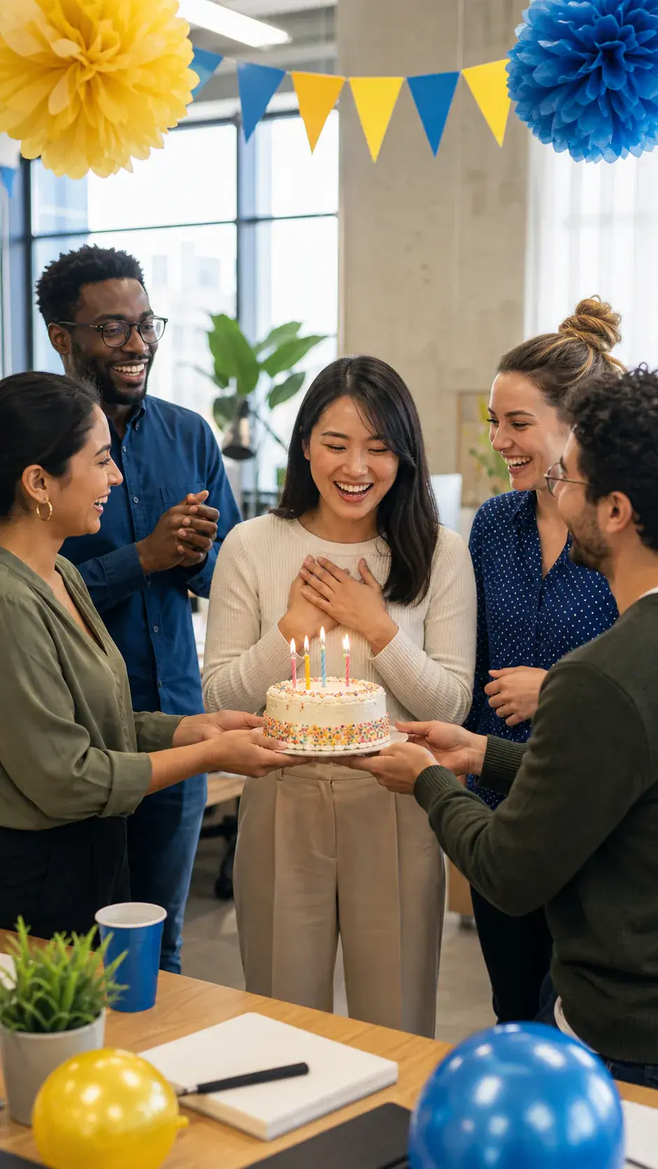 Vertical team birthday greeting with coworkers celebrating in a bright studio