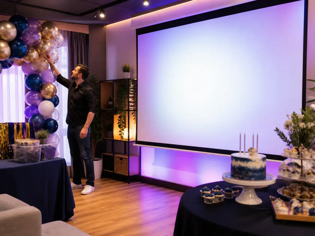 Party screen with birthday video, cake scene, guest photos, and title text
