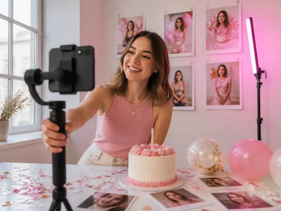 Social creator preparing vertical birthday video with name, photo, and music notes
