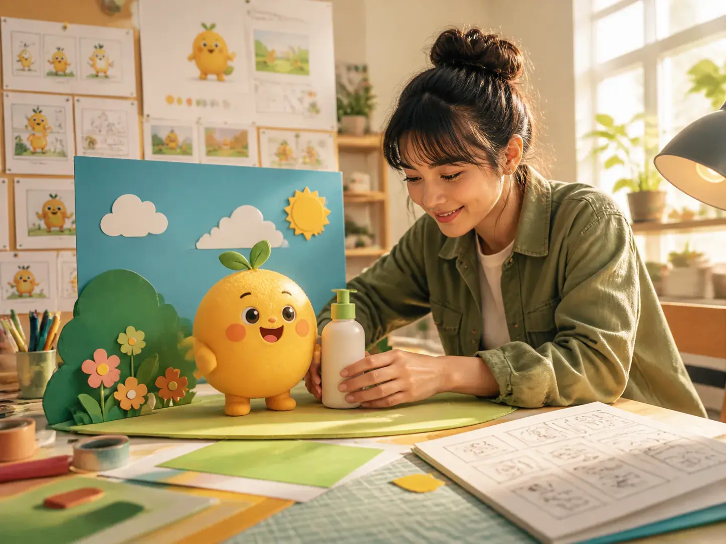 Brand cartoon character explaining a product scene in a short video board