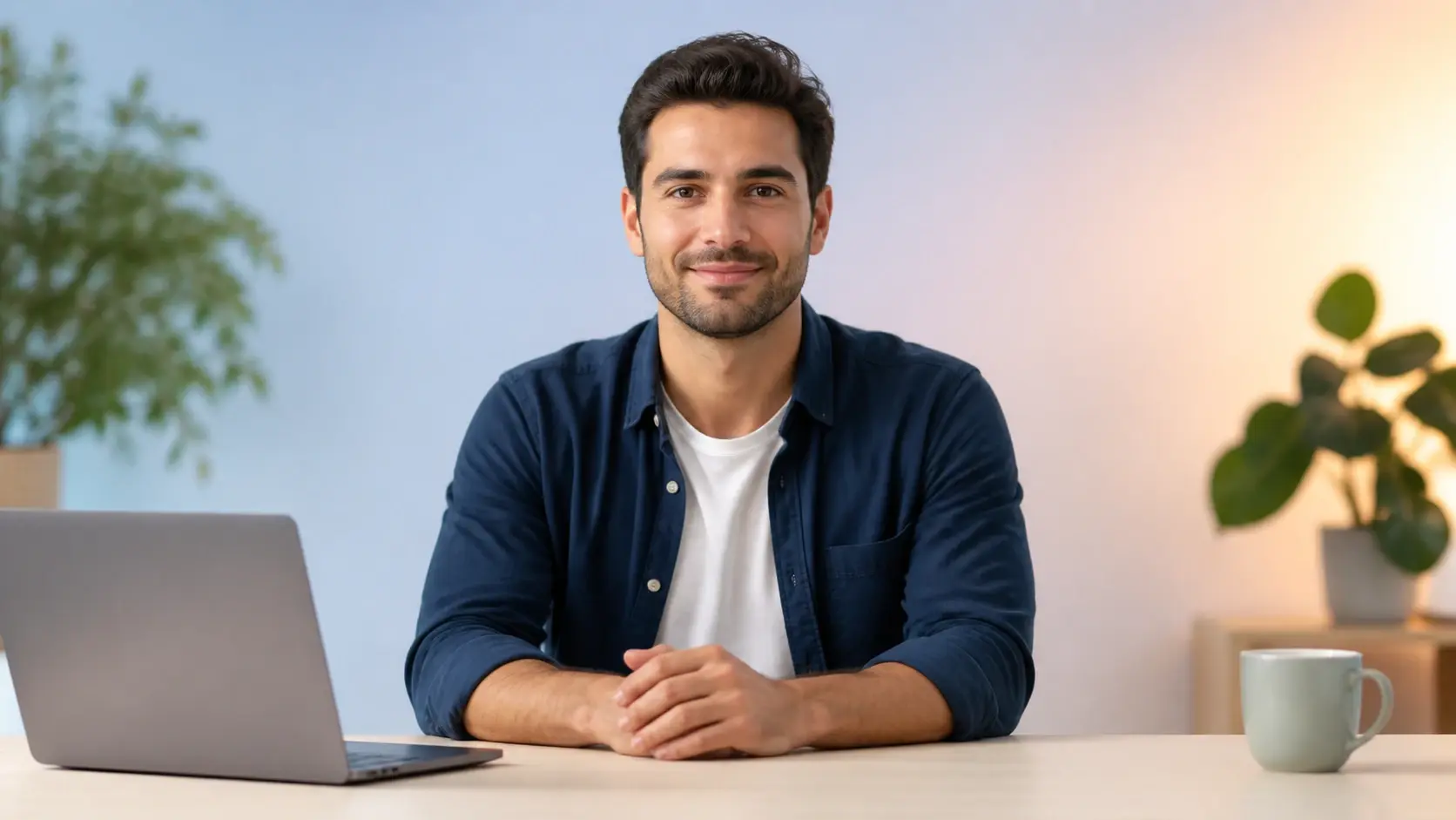 Soft studio backdrop with a gentle color gradient behind an avatar workspace