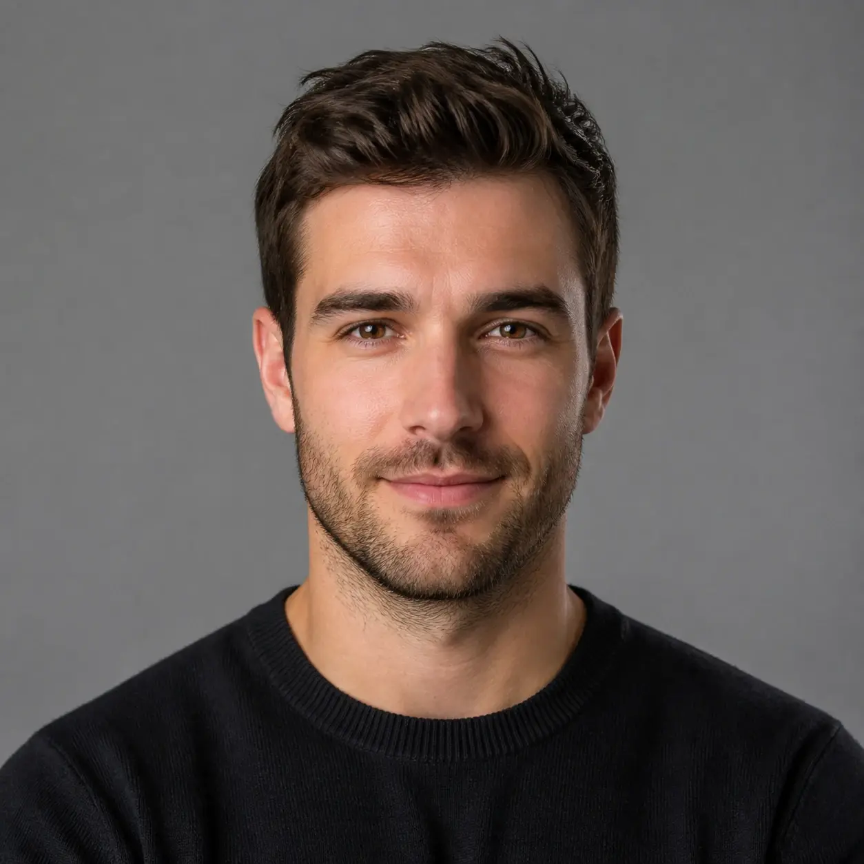 Realistic square headshot avatar on a neutral grey studio backdrop